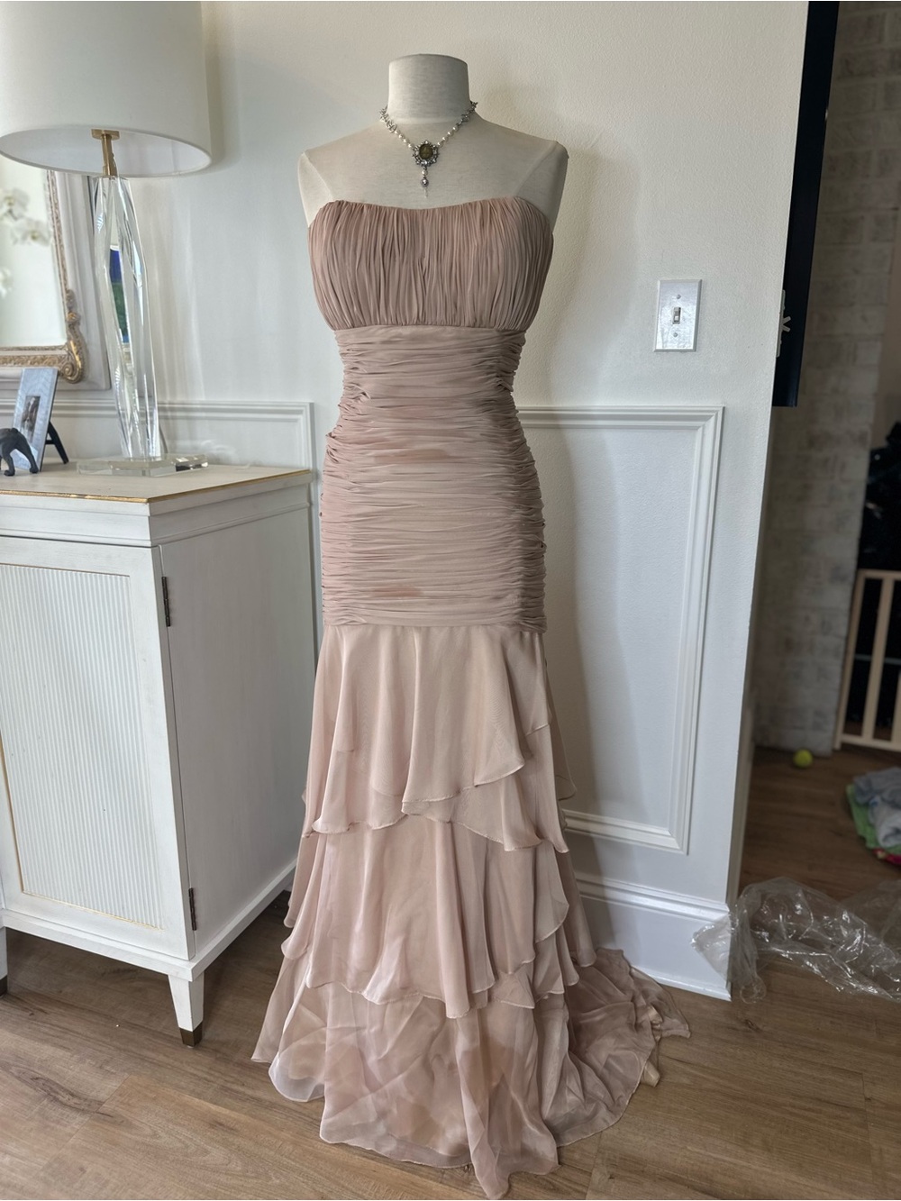 Alyce Paris Strapless Blush Taupe Ruched Mermaid Gown